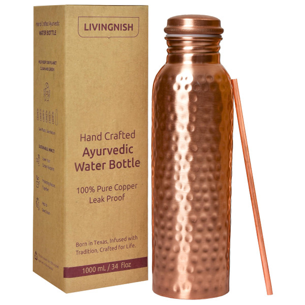 LIVINGNISH 100% Pure Copper Water Bottle for Drinking – Extra Large 34 Oz Wide Mouth, Hammered Ayurvedic Copper Water Bottle with Straw – Handcrafted Leak-Proof Vessel, Reusable & BPA-Free