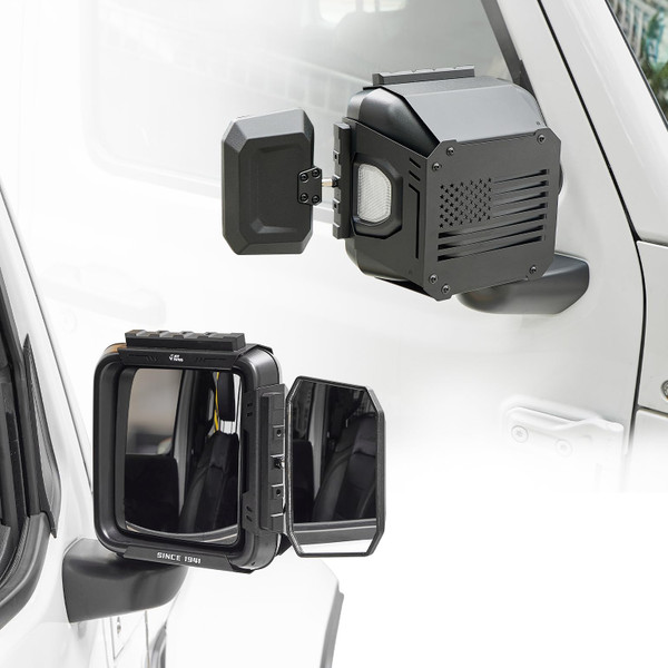 JOYTUTUS Towing Mirrors Extensions Compatible with 2018-2025 Wrangler JL/JLU & Gladiator JT, 360 Degree Rotation Adjustable, Integrated Tactical Rails for Versatile Mounting