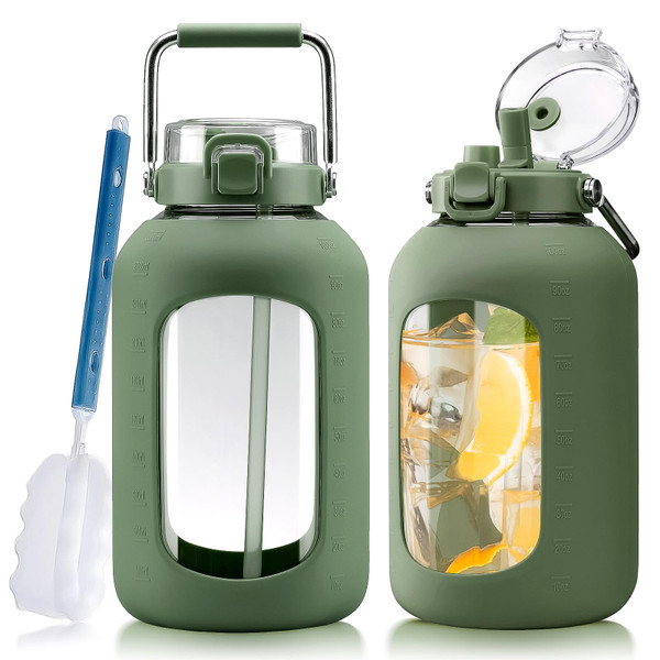 WINSA Large Glass Water Bottles with Stainless Steel Handle,100 oz Gallon Drinking Bottle with 2-in-1 Straw Lid,3 Liter Glass Water Jug with Silicone Sleeve,Wide Mouth,Olive