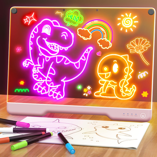 16-Inch Rechargeable Doodle Glow LED Note Board, 7-Color Light Modes, Neon Art Dry Erase Light Up Drawing Pad with Built-in Stand, Sketching Gift Toy for Kids/Girls/Teens, 5 Markers & Tracing Book