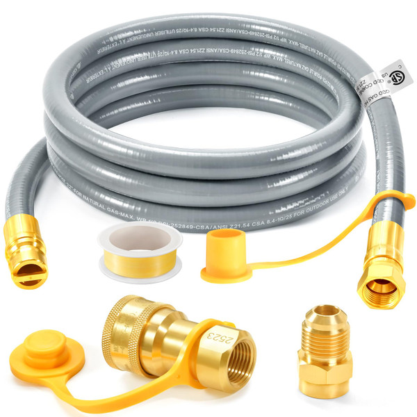 GasSaf 8 FT 1/2" ID Natural Gas Grill Hose with Quick Connect Fitting, Natural Gas Conversion Kit Suitable for Gas Grill, Generator, Patio Heater and More (with Sealing Tape)