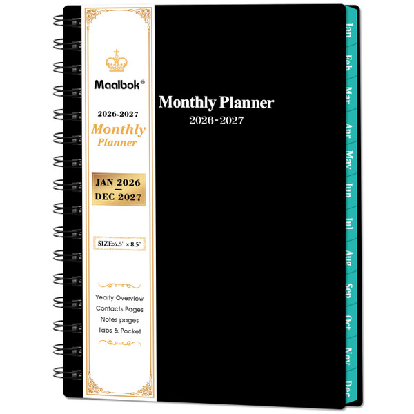 2026-2027 Monthly Planner/Calendar - 2026-2027 Monthly Planner, Jan. 2026 - Dec. 2027, 6.3" x 8.4"(A5 Size), 2 Year Calendar with 24 Months,Twin-Wire Binding,Tabs, Pocket, Cardboard Cover