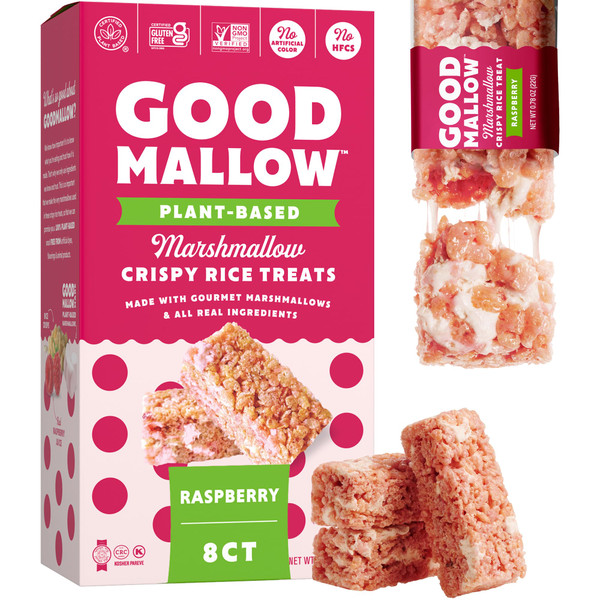 GoodMallow Vegan Rice Crispy Treats Individually Wrapped Box of 8 , Kosher Vegan Snacks, Gluten Free Dairy Free Snacks for Kids & Adults - Healthy Sweets Made with Gourmet Marshmallows, Made in USA (Raspberry)
