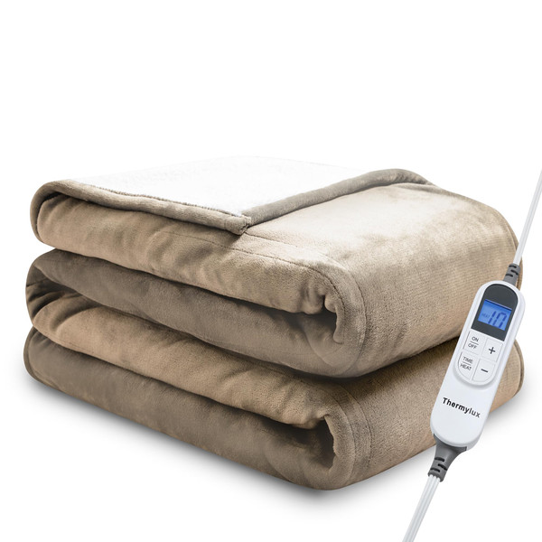 Thermylux Electric Blanket Full 72"x84" Heated Electric Blankets 10 Heating Levels 12 Time Settings 8 Hours Auto Off Fast Heating and Overheat Protection ETL Certified Machine Washable,Light Brwon