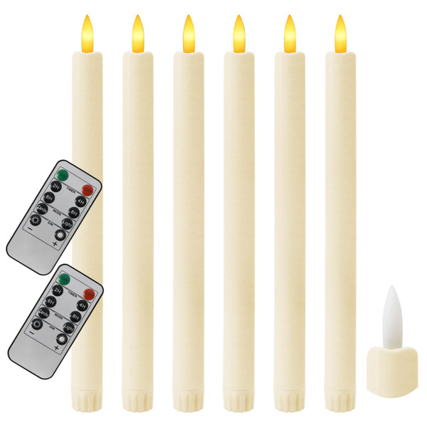 Sunjas 6PCS Flameless Taper Candles with 3D Flickering Flame Battery Operated Candles with 2 Remote with Button Cell Battery 10 Inch Ivory LED Candlesticks Window Candle for Christmas Home Decor