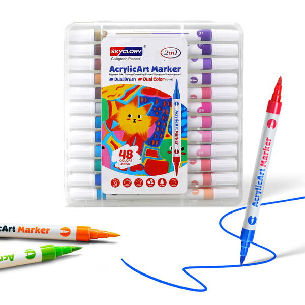 SKYGLORY 48 Colors Brush Acrylic Marker Set, Dual Color Tip Art Marker Pens Set for Painting, Drawing, Crafting (24)