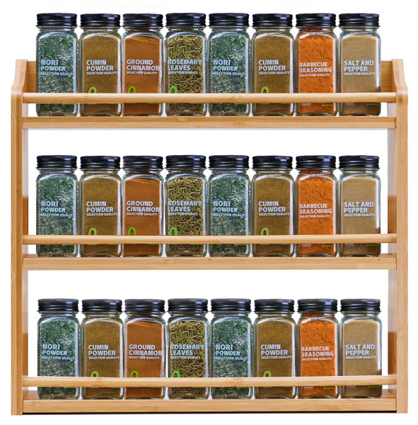 Bambition 3 Tier Bamboo Spice Rack Organizer, Seasoning Jars Storage Rack for Kitchen Counter or Wall Mount