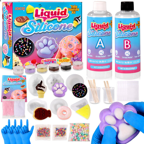 JOICEE Taba Squishy Kit, DIY Squishy Making Kit 18OZ 1:1 AB Liquid Silicone with 6 Molds for Make Your Own Super Soft Squishies Maker Kits Birthday Holiday Gifts Party Favors