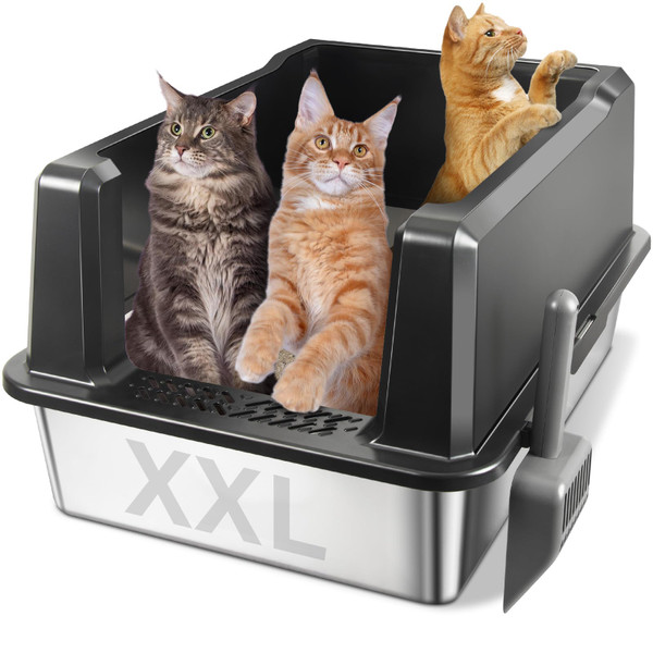 Nyutu XXL Stainless Steel Litter Box with Lid, Jumbo 28"x20"x14" Metal Litter Box with High Sides, Cat Litterbox Extra Large for Big Kitty, Multiple Cats, Never Absorbs Odors, Non-Stick