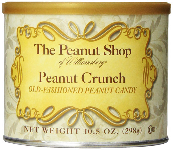 The Peanut Shop of Williamsburg Bite Size Peanut Crunch Squares Old Fashioned Peanut Brittle Crunch Candy Gluten Free - 10.5 Oz Tin
