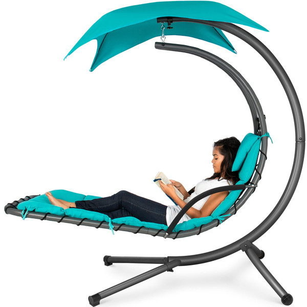 Best Choice Products Outdoor Hanging Curved Steel Chaise Lounge Chair Swing w/Built-in Pillow and Removable Canopy - Teal Best Choice Products Outdoor Hanging Curved Steel Chaise Lounge Chair Swing w/Built-in Pillow and Removable Canopy - Teal