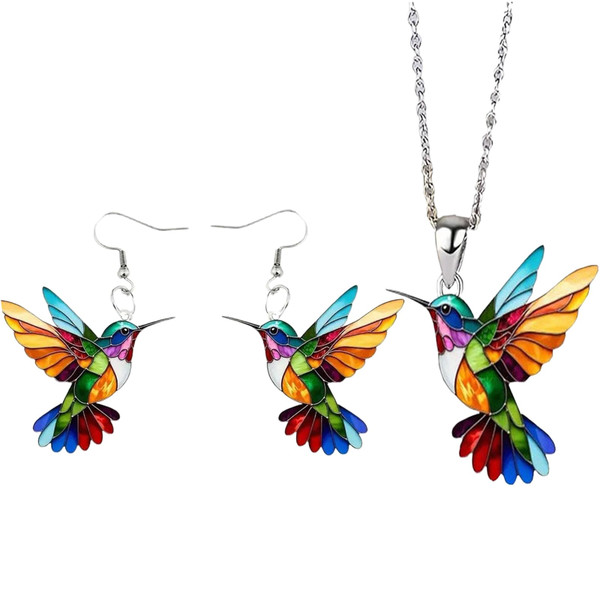 Hummingbird Necklace and Earring Set for Women Colorful 2D Acrylic Dangle Earrings Lightweight Colibri and Pendant Necklace Unique Bird Lover Gift Jewelry