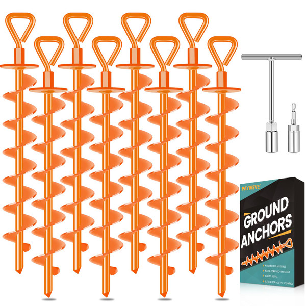 Payivsve Ground Anchors Screw in, Ground Stakes Heavy Duty Trampoline Stakes High Wind Tent Stakes for Trampoline, Canopies, Tent, Swing Set, Sheds, Carport, Gazebo(Orange-8x15 in)