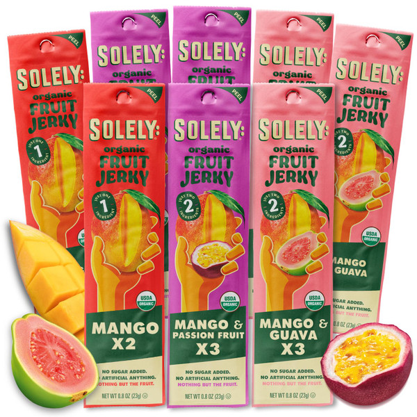 SOLELY - Organic Fruit Jerky Variety Pack - 8 Flavors, 8 Individually Wrapped Strips - Fruit Leather Made from Dried Fruit - Healthy Snacks for Adults & Kids - Non GMO, Vegan - 0.8oz (23g)