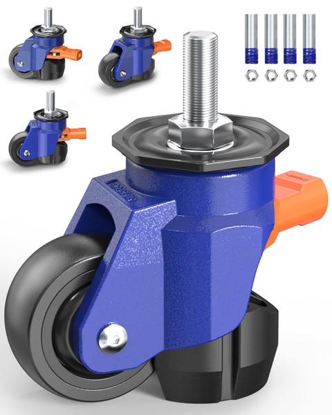 KOSTANZO Leveling Stem Casters Set of 4 Heavy Duty Retractable Caster Wheels, 1/2" and M12 Stem Size, Total Capacity 660 Lbs, Adjustable Wheel with Ratchet Handle for Workbench, Cabine, Machine, etc