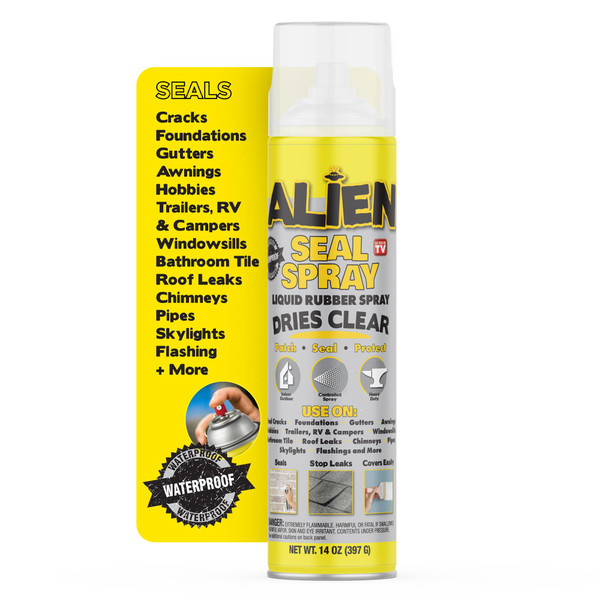 Alien Tape Sealant Spray, Waterproof and Air Tight Liquid Rubber Spray Seals, Prevents and Patches Leaks, Protects Surfaces, Works on Most Materials, Long Lasting, Dries Clear - 1 Can (14 Oz) Alien Tape Sealant Spray, Waterproof and Air Tight Liquid Rubber Spray Seals, Prevents and Patches Leaks, Protects Surfaces, Works on Most Materials, Long Lasting, Dries Clear - 1 Can (14 Oz)