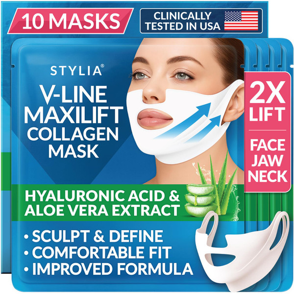 Stylia MaxiLift V-Line Lifting Collagen Face Mask - Double Chin Strap - Jawline Shaper - Neck Firming and Tightening Mask with Hyaluronic Acid & Aloe Vera - Chin Strap for Sleeping (10PC)