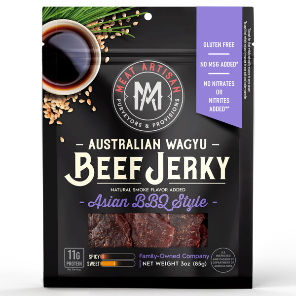 Meat Artisan Beef Jerky - Australian Wagyu Asian BBQ Style - High Protein Snack - Gluten Free No MSG - Premium Gourmet Natural 3oz (85g)