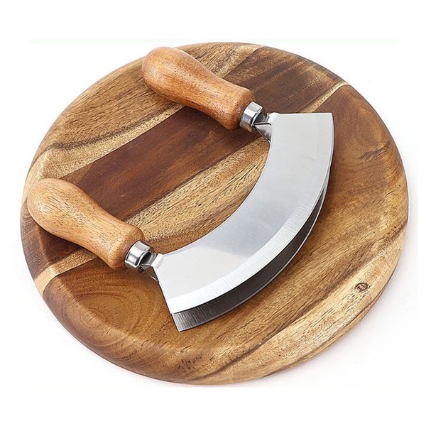 Mezzaluna Knife and Round Cutting Board - Stainless Steel Double Blade Chopping Knife Pizza Cutter Rocker With Wood Cutting Board Salad Chopper Mincing Knife Mezzaluna Knife and Round Cutting Board - Stainless Steel Double Blade Chopping Knife Pizza Cutter Rocker With Wood Cutting Board Salad Chopper Mincing Knife
