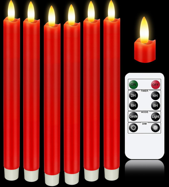 KSWING Upgraded Real Wax LED Flameless Red Taper Candles with Remote, 6 PCS Candlesticks Battery Operated 3D Flickering - 9.6" Long Realistic Fake Candle Sticks for Home/Wedding/Fireplace Xmas Decor