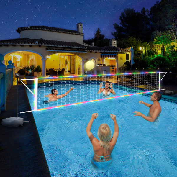 Pool Volleyball Net Set with LED Lights, 15-32FT Adjustable Net for Inground Pools, Includes Solar Powered Lights, Glow Ball and Weighted Bases, Outdoor Water Volleyball Games for Kids Adults Family Pool Volleyball Net Set with LED Lights, 15-32FT Adjustable Net for Inground Pools, Includes Solar Powered Lights, Glow Ball and Weighted Bases, Outdoor Water Volleyball Games for Kids Adults Family
