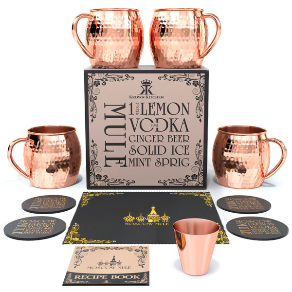 Krown Kitchen Hammered Moscow Mule Copper Mugs Set of 4 | 100% Solid Copper | 16 oz