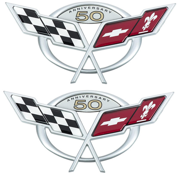 Ghadedsd Pair Set Front Rear 50Th Anniversary Cross Flags Emblems 3D Badge Replacement for 1997-2004 C5 Corvette (Silver Red)