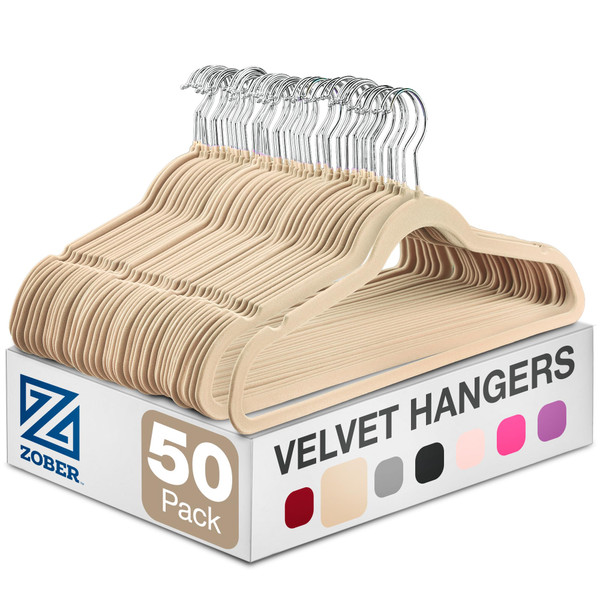 Zober Velvet Hangers 50 Pack - Ivory for Coats, Pants & Dress Clothes - Non Slip w/ 360 Degree Swivel, Holds up to 10 lbs - Strong Felt Hangers for Clothing