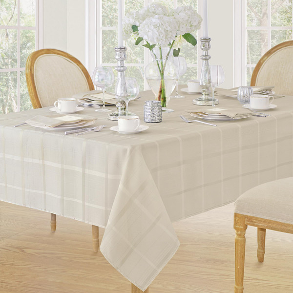 Newbridge 60 x 144 Inch Rectangle Fabric Tablecloth, Elegance Plaid, 100% Polyester, No Iron Soil Resistant Dining Room, Party and Banquet Table Cover, Solid Textured, Beige