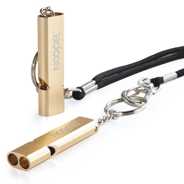 Noopel Emergency Survival Whistle Double Tubes Safety Whistle 2 Pack with Keychain for Boating Outdoor Camping Hiking Hunting Sports Dog Training (2 Pack Gold)