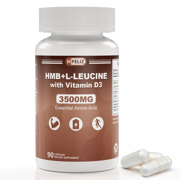 HFELIZ HMB and Leucine Supplement, 3500mg L-Leucine HMB with Vitamin D3, Amino Acid BCAA for Men, Vegan, Gluten Free, 90 Capsules