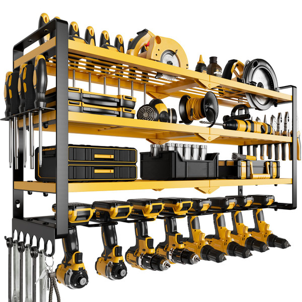 NattyDot Power Tool Organizer Wall Mount Garage Tool Storage 4 Layer Cordless Tool Organizer with 8 Drill Holder Garage Utility Shelve Gift for Men-YELLOW