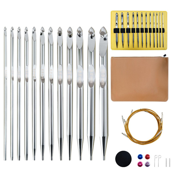 Tunisian Crochet Hooks Set Interchangeable with Case - 26pcs Metal Afghan Knitting Needles Kit 3mm-10mm with Long Cable & Ergonomic Grips