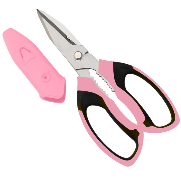 BoFuYuan 8-Inch Utility Scissors All Purpose Heavy Duty, Serrated Blade, Pink Comfort Grip for Cutting Carpet, Cardboard, Leather, Fabric, Multipurpose Sharp Shears for Kitchen, Garden, Office, Carft