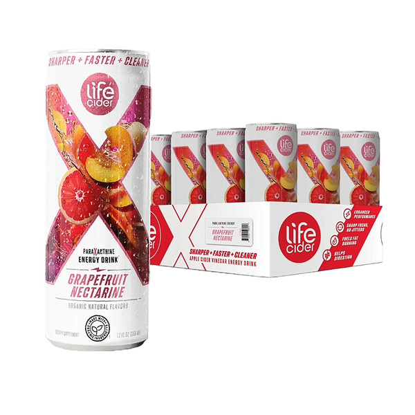 Life Cider X Grapefruit Nectarine Apple Cider Vinegar Healthy Energy Drink, 12 Pack, Organic Energy Drink Made with ACV and Paraxanthine, Natural Flavors, No Jitters, No Crash