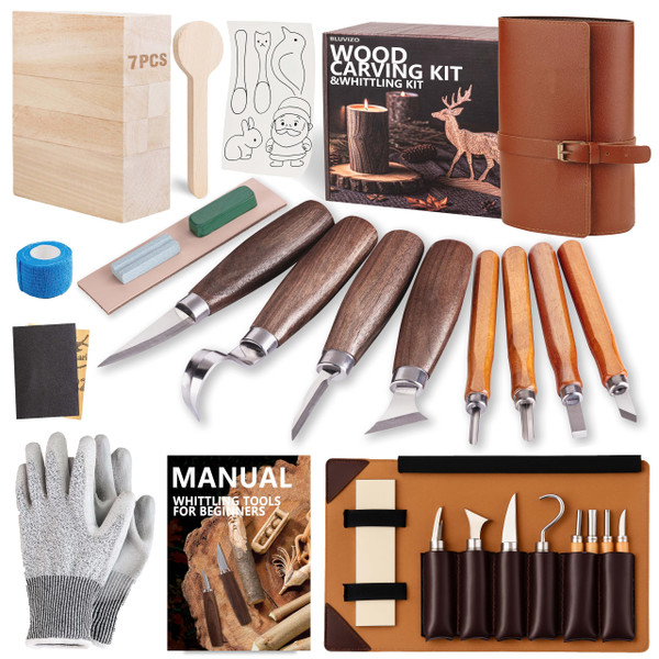 Wood Carving Kit Whittling Kit: Deluxe Wood Carving Tools Knife Set with Leather Case - Woodworking Hobby Kit for Beginners Adults Kids - DIY Art Craft Gift for Men Teens