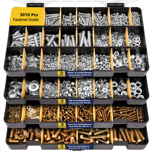 Bonost 3010pcs Hardware Assortment Kit with Assorted SAE & Metric Phillips Head Bolts, and Grade 8.8 Metric Hex Bolt Set with Matching Nuts and Lock Washers (4 Trays)