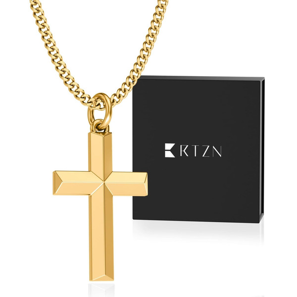 RTZN® Gold Cross Necklace For Men – 18K Mens Gold Cross Necklace – Non-Tarnish, Fade-Proof & Waterproof Pendant Necklaces for Men Women with 2mm Curb Chain – Chain Necklaces for Boys - 18" Inches