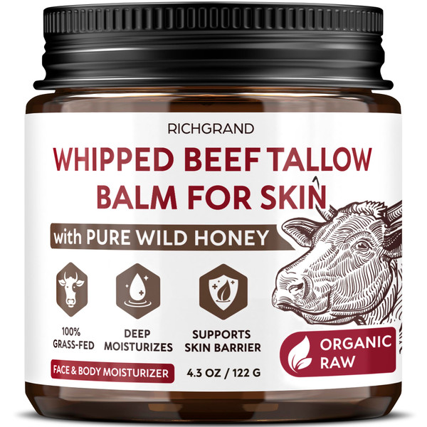 RICHGRAND Beef Tallow for Skin - Whipped Tallow and Honey Balm - Grass Fed Beef Tallow for Face, Daily Moisturizer & Body Butter - Natural Non Comedogenic Skincare (4.3 oz)