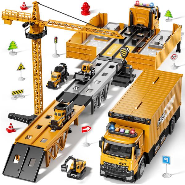 Carrier Truck Race Track Boy Toddlers Toys, Truck Toys for Toddlers 3-5 5-7, Toy Transport Car with Tower Crane Light & Sound, Excavators Cars Gifts for Age 3 4 5 6 7 Years Old Boys Girls