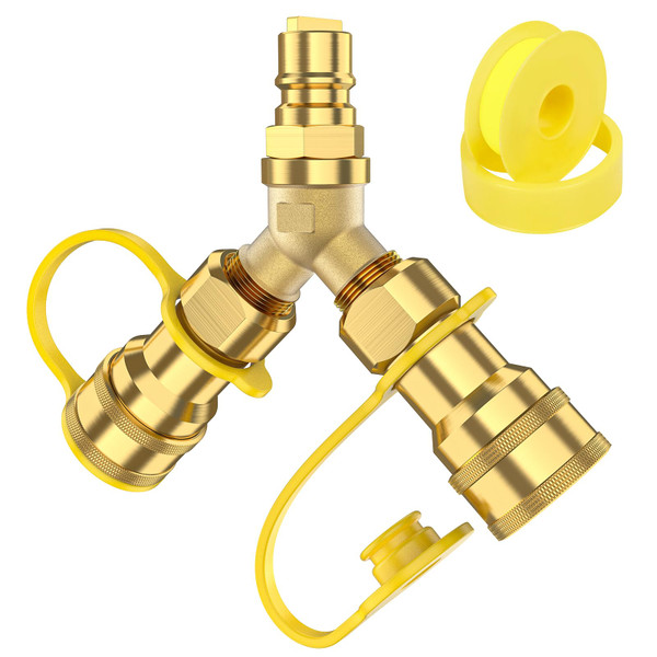 Alloxity 1/2 inch Natural Gas Y Splitter, 2-Way Natural Gas Quick Connect Fittings with Shut Off Valve, Conversion Kit for Gas Line, 1/2" Propane Hose, Pizza, Oven, Grill, Generator, Heater