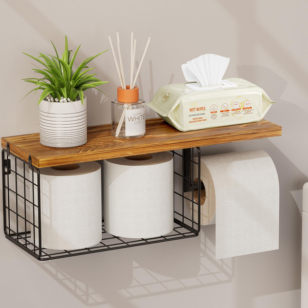 VITVITI Toilet Paper Holder with Shelf, Wall Mounted Toilet Paper Storage Basket, Wood Metal Toilet Roll and Wipes Holder for Bathroom Farmhouse (Brown)