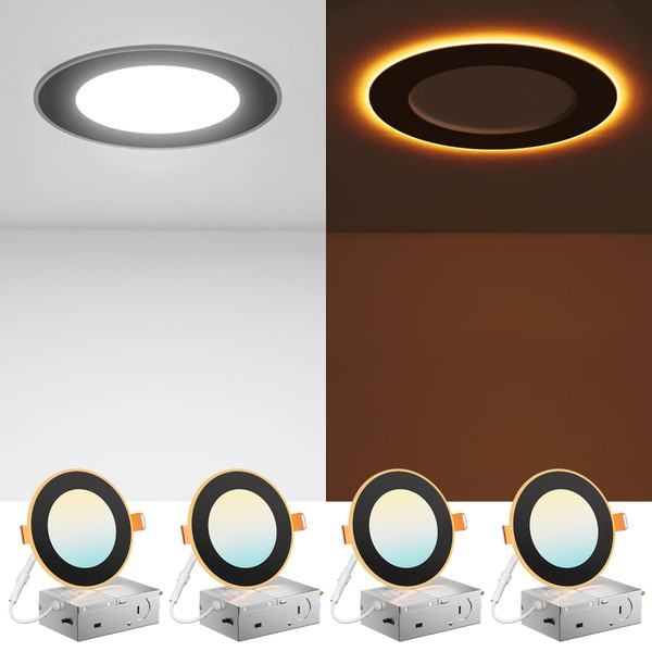 Amico 4 Pack Black 4 Inch 5CCT LED Recessed Ceiling Light with Night Light, 2700K-5000K Selectable Ultra-Thin Recessed Lighting, 10W=90W, 700LM, Dimmable Canless Wafer Downlight ETL&FCC