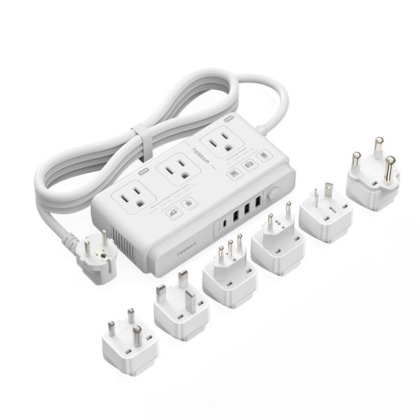 TESSAN 220V to 110V Voltage Converter for Travel with 4 USB Ports (1 USB C), 3 AC Outlet and EU UK AU IT in ZA International Power Adapter, Step Down Transformer Outlet Converters White