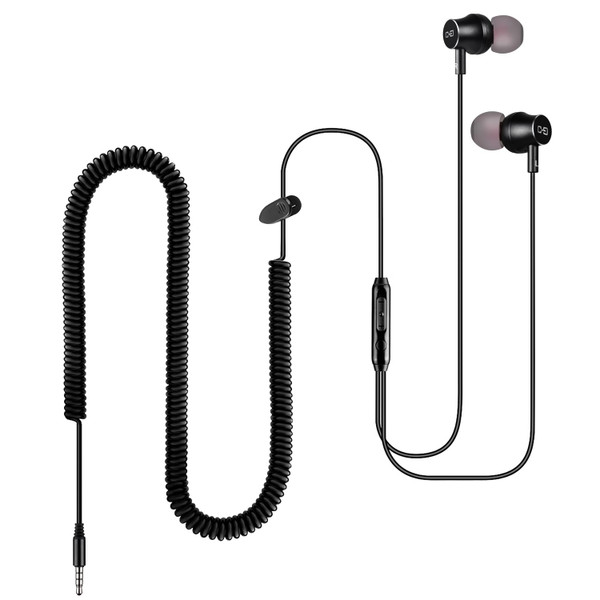 Extra Long Earbuds for TV & PC, with 12FT Spring Coiled Extension Cable, Volume Control & Mic, in-Ear Wired Headphones for 3.5mm Audio Output Devices, ChanGeek CGS06