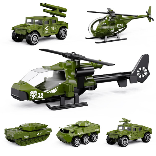 Die-cast Military Army Vehicles, 6 Pack Alloy Metal Toy Models Set - Tank, Helicopter, Panzer, Anti-Aircraft Vehicle, Gifts for Kids Boys Age 6 7 8 9 (1:87 Scale)