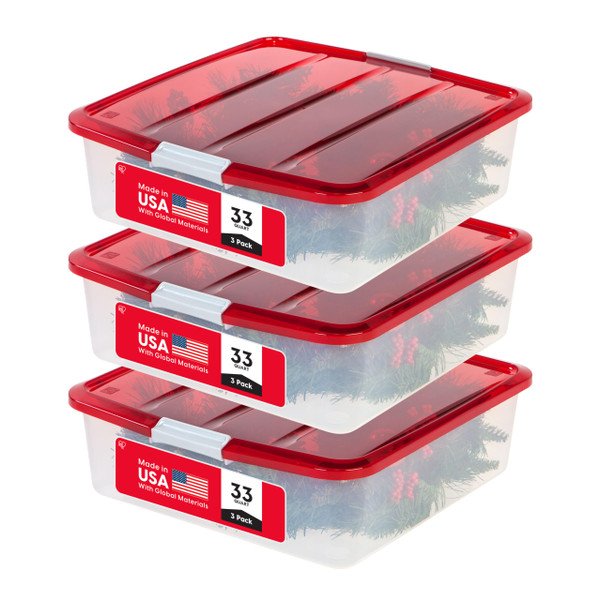 IRIS USA 33 Quart Christmas Wreath Storage Container Box with Lid, 3-Pack, Stackable Under Bed Storage Organizer Bin with Latching Buckles for 20" Wreaths Christmas Decorations Garlands, Clear/Red