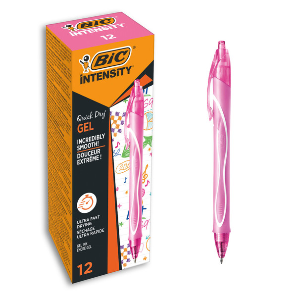 BIC Gel-ocity Quick Dry Gel Pens, Medium Point (0.7 mm), Pink, Box of 12, Retractable Pen with Ultra Fast Drying Ink