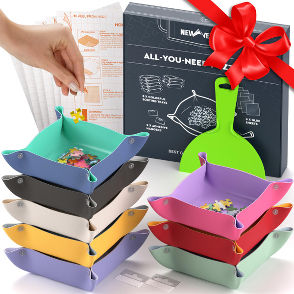 Newverest All-You-Need Puzzle Set: 8 Puzzle Sorting Trays for up to 2000 Pieces, 6 Glue Sheets, 1 Large Scraper & 2 Adhesive Hangers in Gift-Ready Packaging – Must-Have Saver Kit for Puzzle Lovers