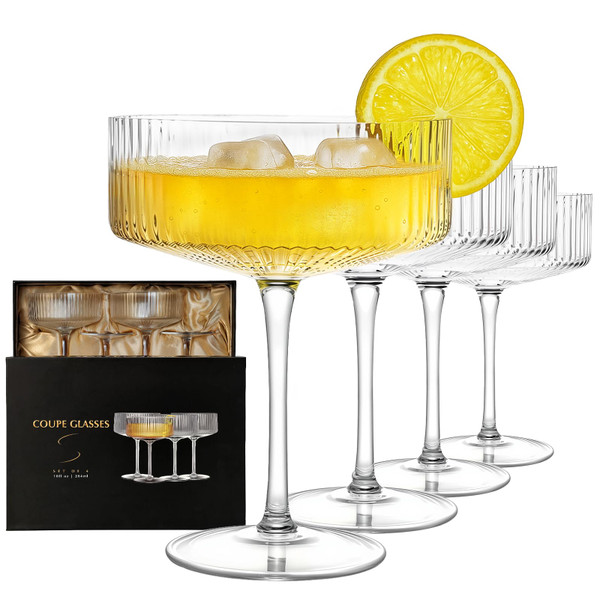 4 Pcs Coupe Glasses, Hand Blown 10 oz Cocktail Glasses, Ribbed Glasses, Gift Boxed Drinking Glass Set, Pefect Gift for Christmas, Espresso Martini, Manhattan, Wine, Champagne Martini Glasses Set of 4